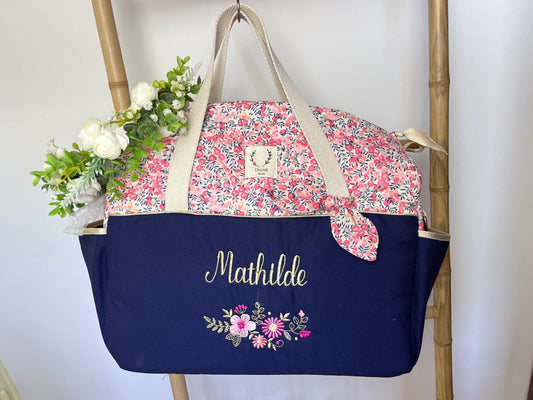 Aimé le sac à langer gabardine marine et Pois de senteur