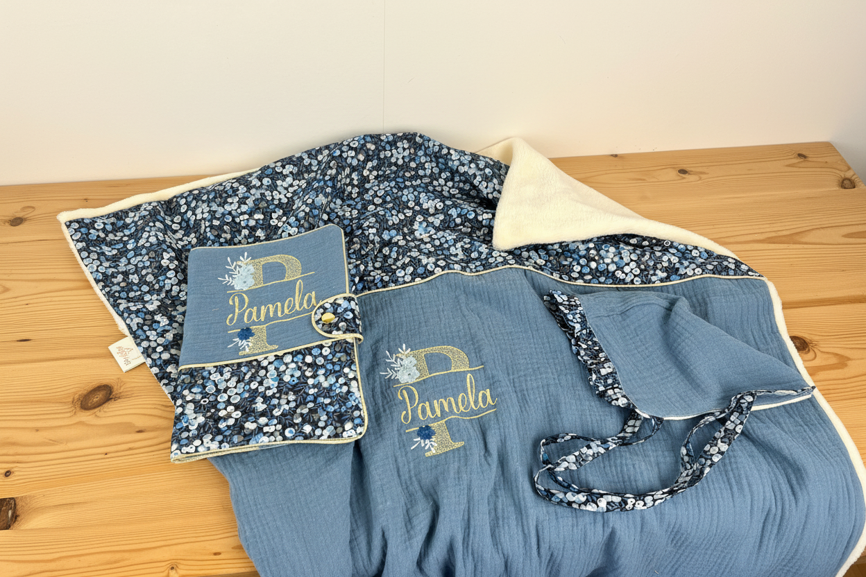 Ensemble : Trousse de toilette, couverture, protège carnet, et béguin