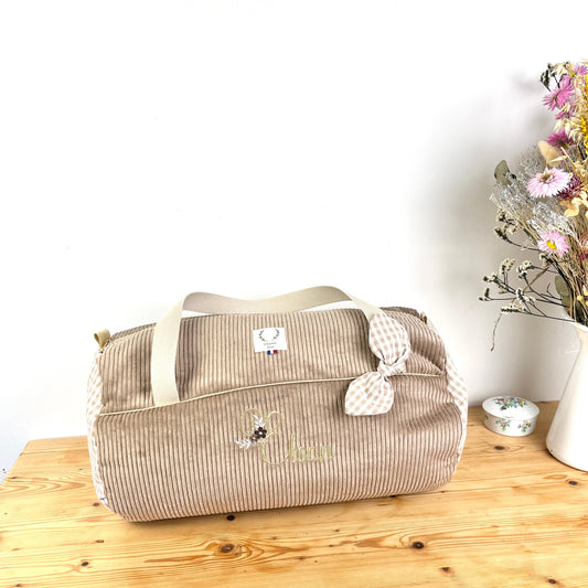 Louison le sac polochon enfant velours camel et vichy beige