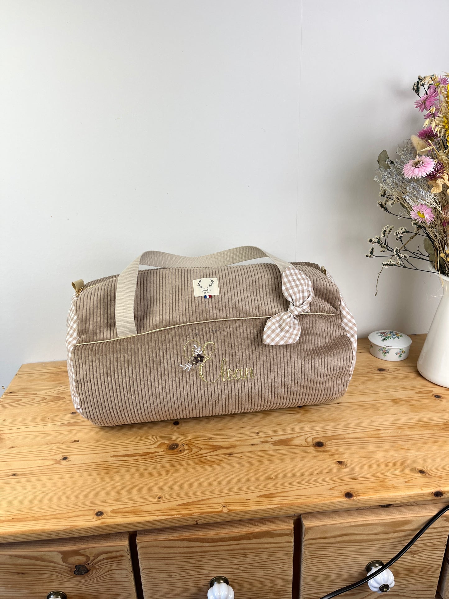 Louison le sac polochon enfant velours camel et vichy beige