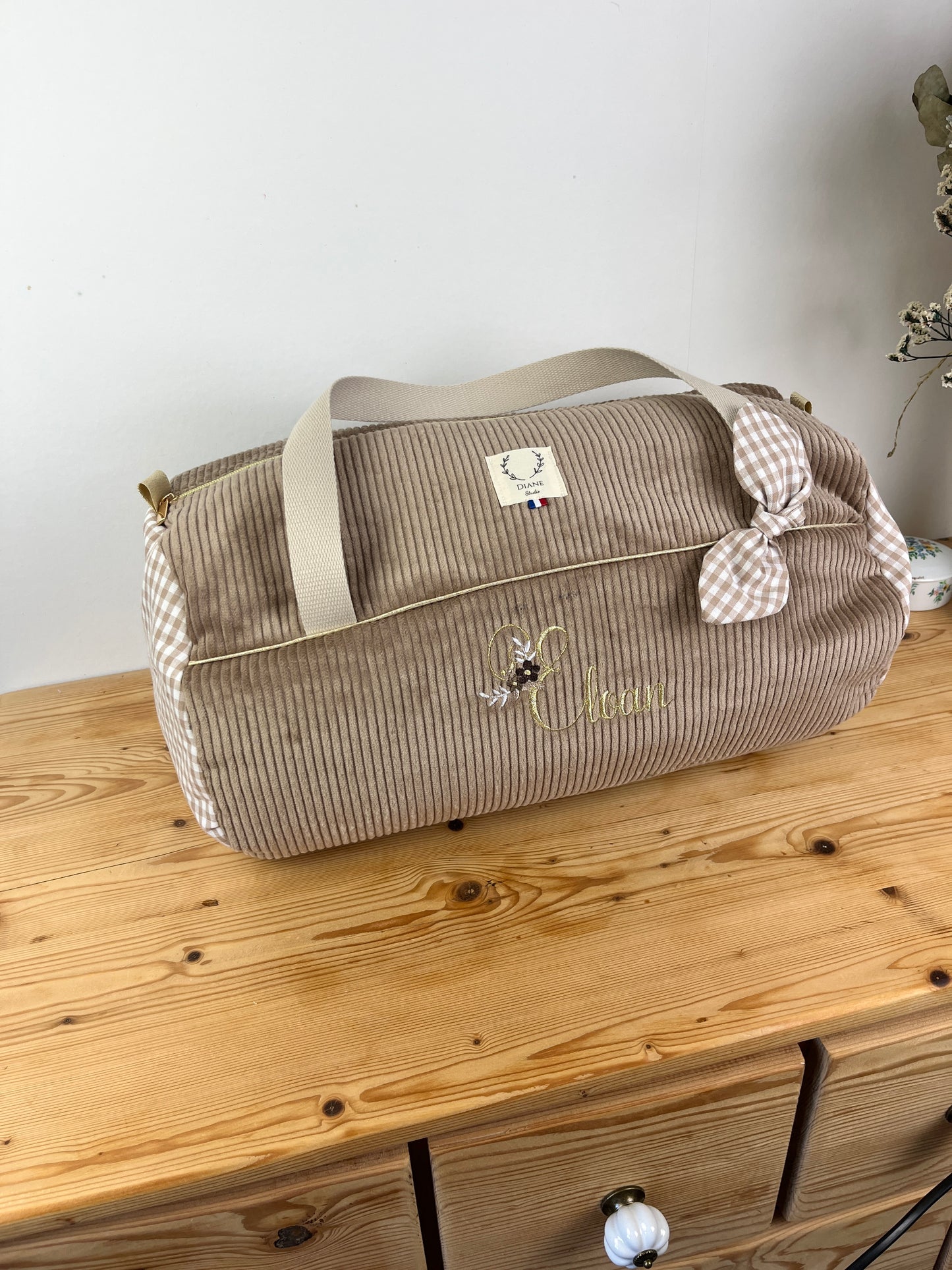 Louison le sac polochon enfant velours camel et vichy beige