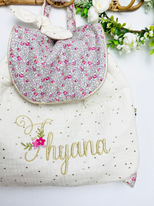 Le sac à dos enfant personnalisé Églantine Liberty Eloïse rose et double gaze crème doré