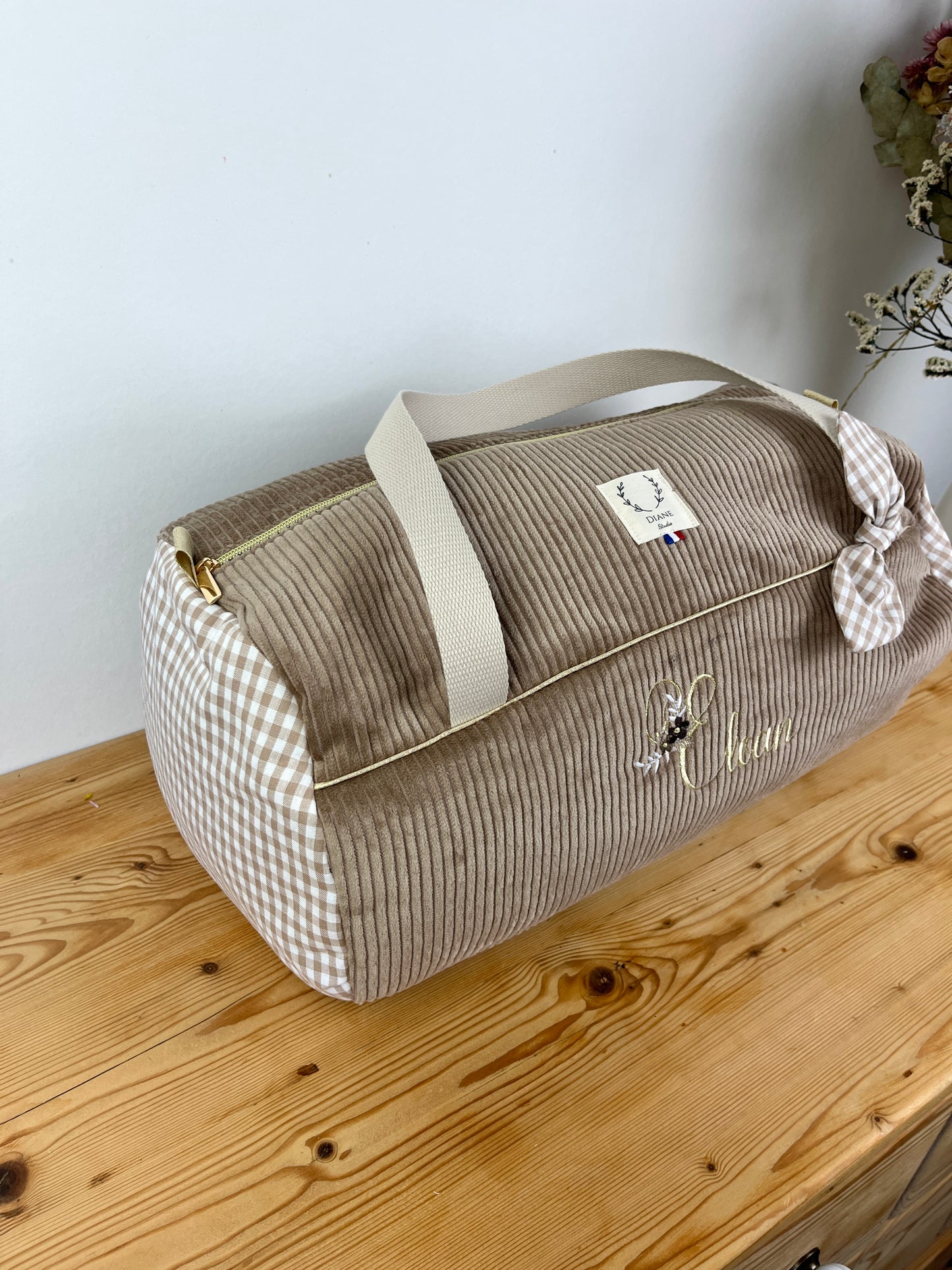 Louison le sac polochon enfant velours camel et vichy beige