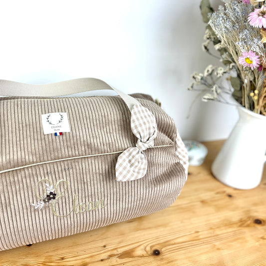 Louison le sac polochon enfant velours camel et vichy beige