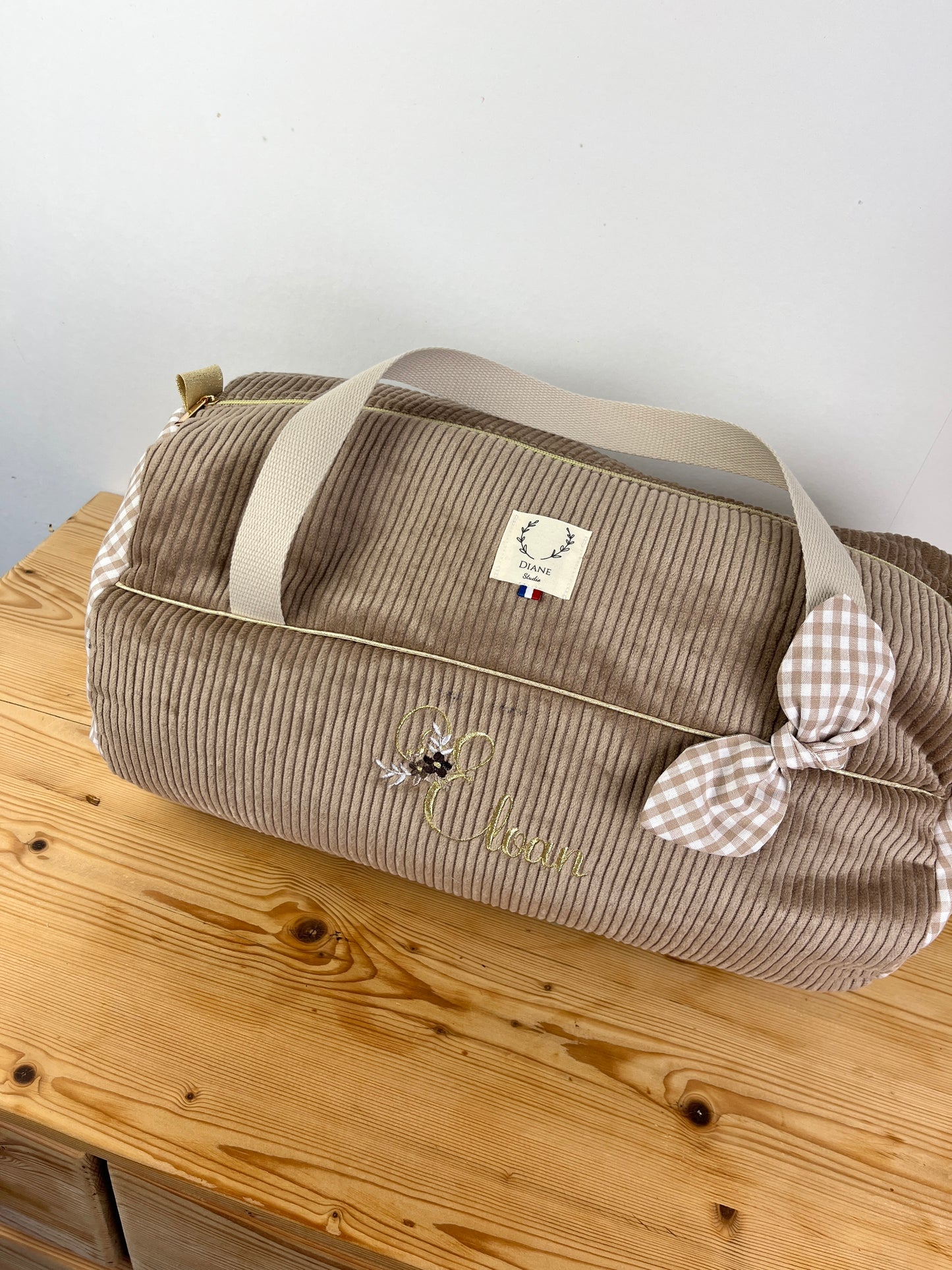 Louison le sac polochon enfant velours camel et vichy beige