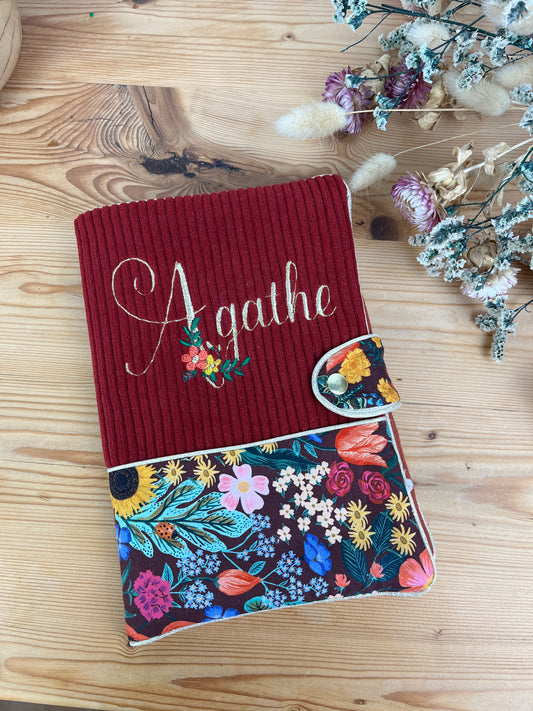 Mahé le protège carnet velours bordeaux et blossom burgundi
