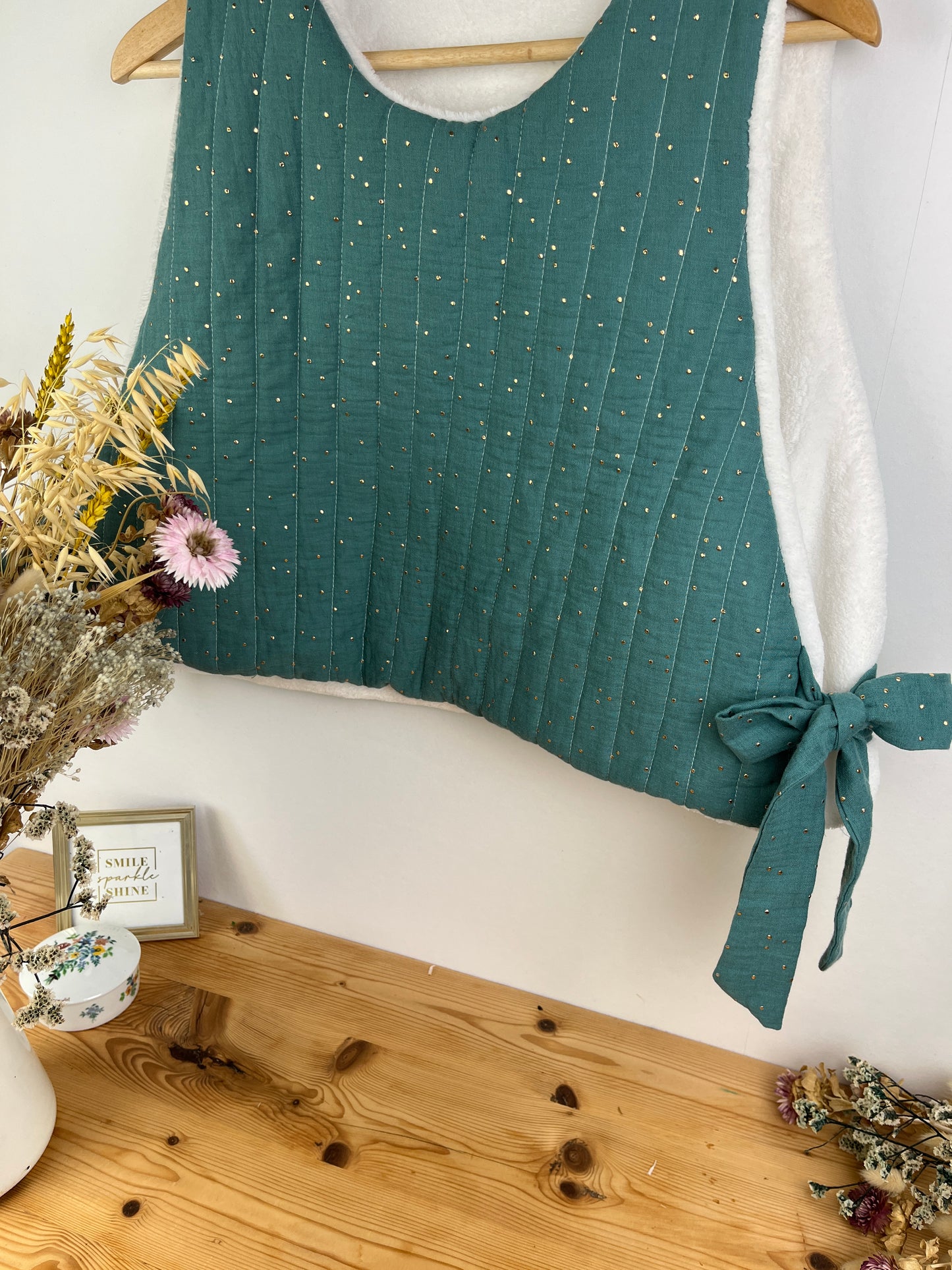 Le pull Joséphine gaze eucalyptus et polaire doudou