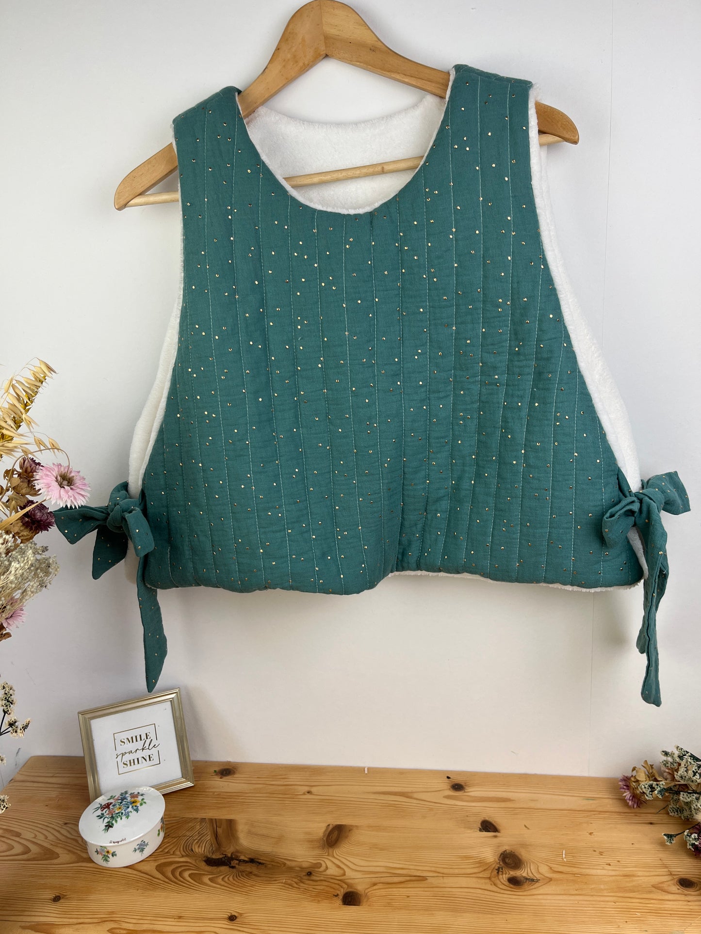 Le pull Joséphine gaze eucalyptus et polaire doudou