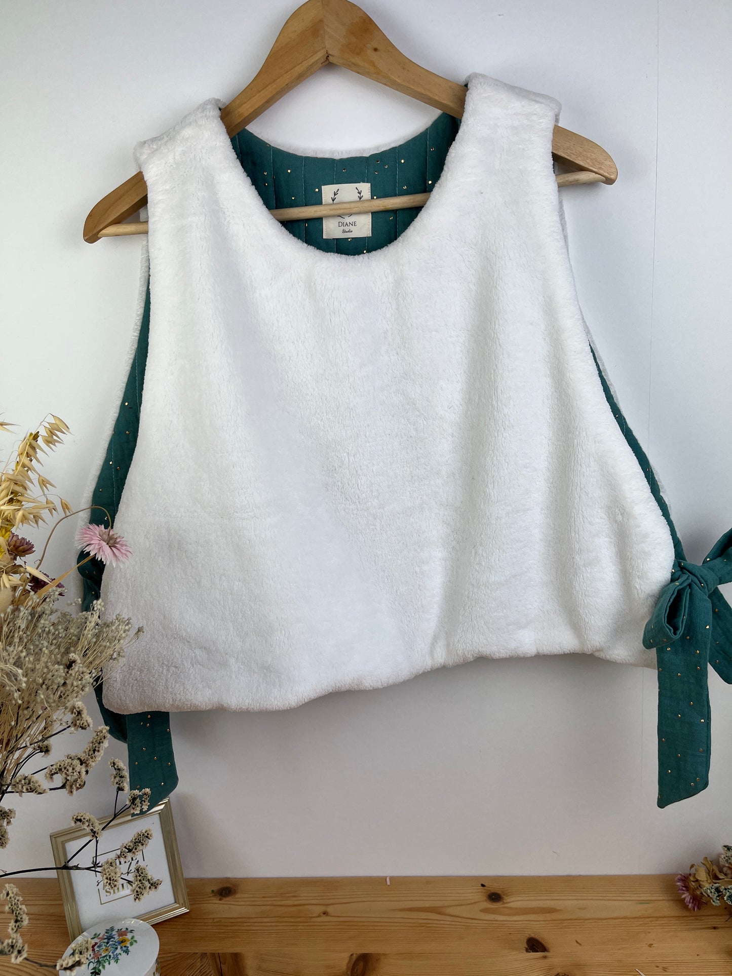 Le pull Joséphine gaze eucalyptus et polaire doudou
