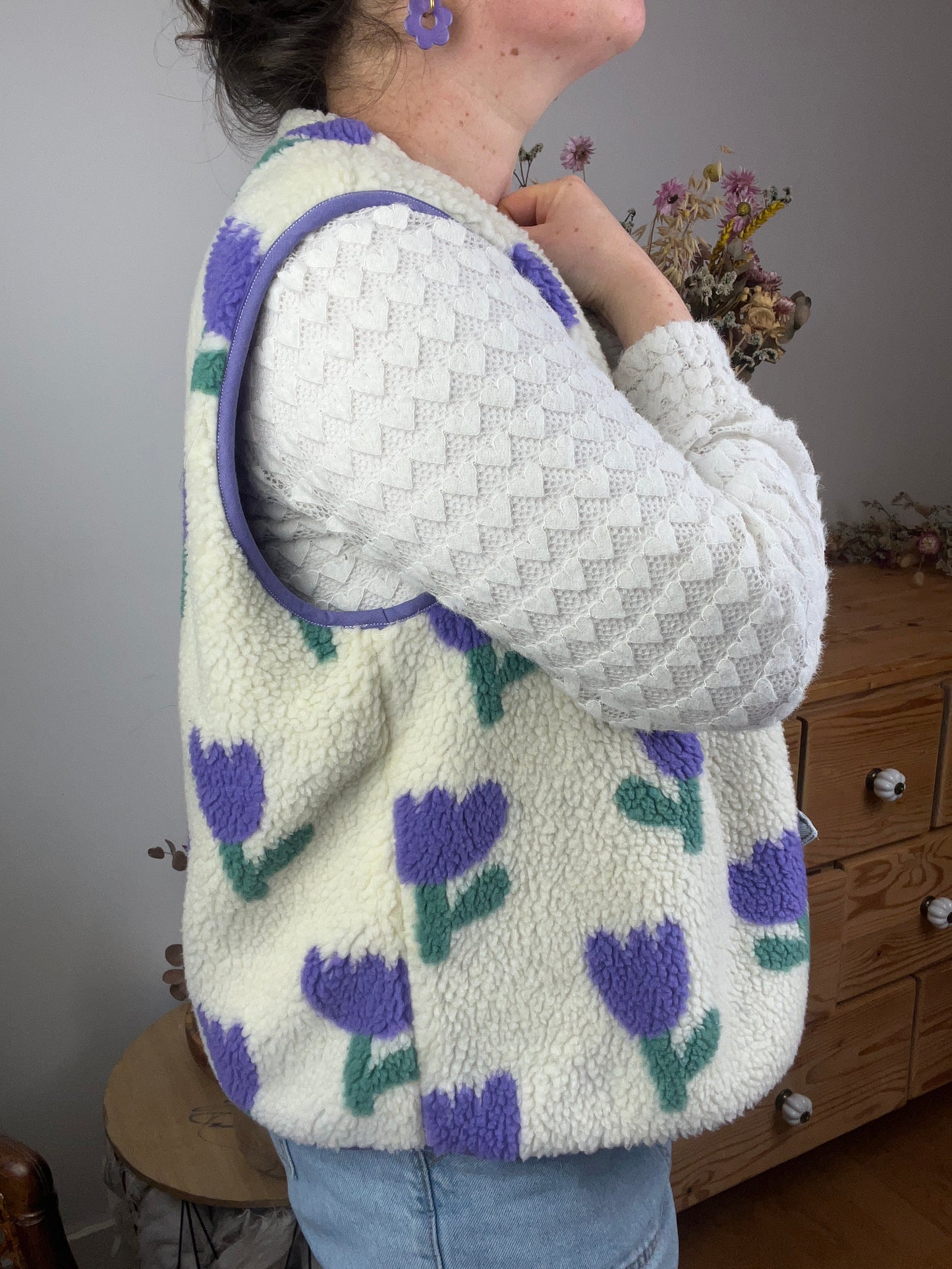 Le gilet Coraliane sherpa tulipes mauve -sur commande