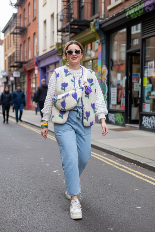 Le sac banane Eléonore sherpa tulipes mauves