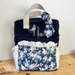 Le sac à dos enfant Ombeline personnalisé velours bleu marine et Liberty Joséphine