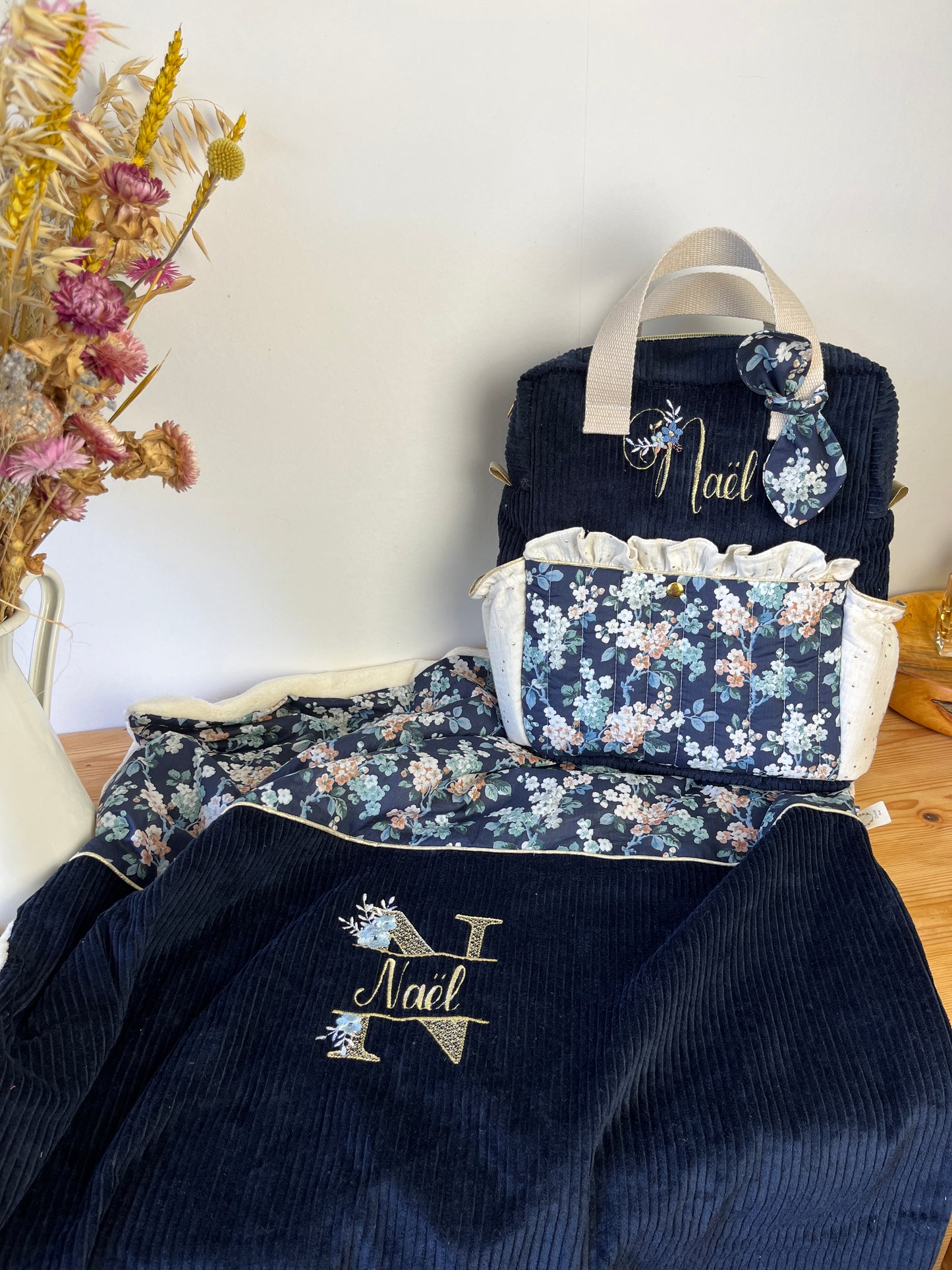 Ensemble : couverture et sac Ombeline initiale florale