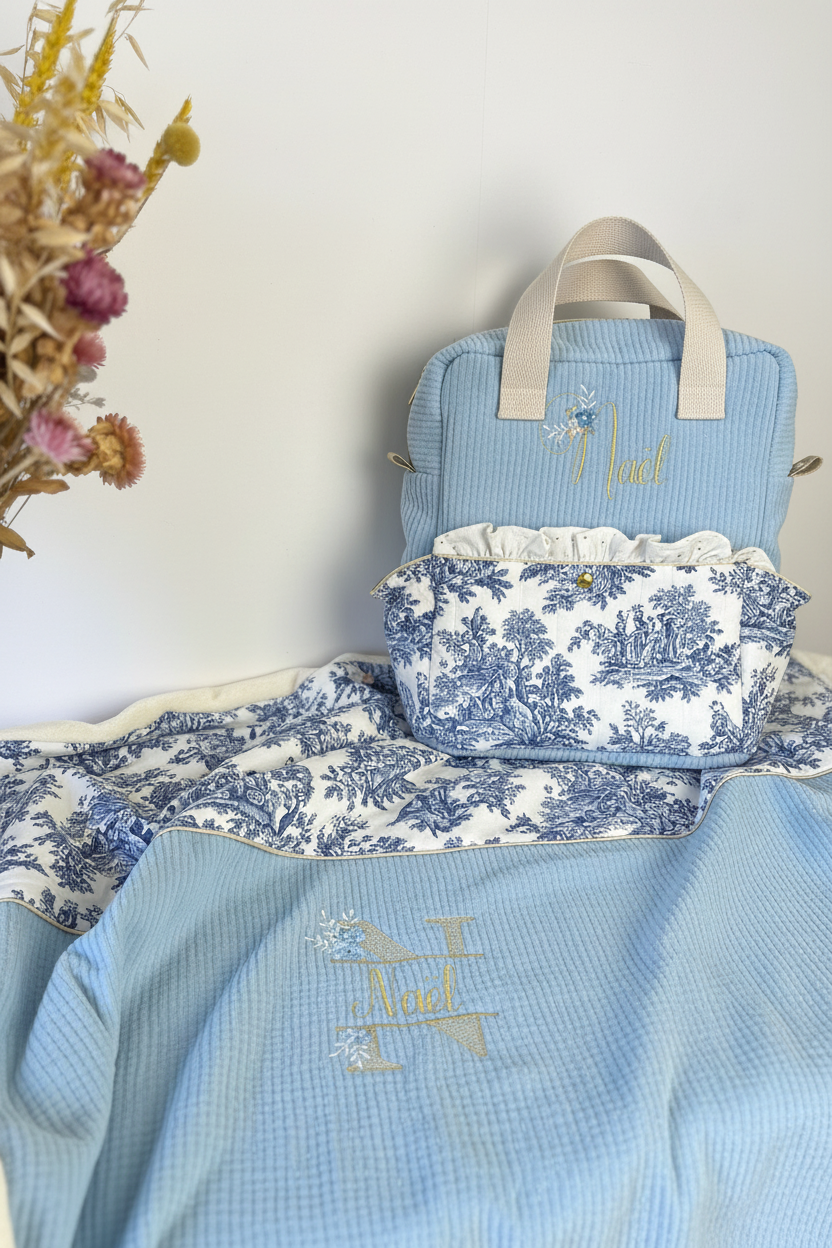 Ensemble : couverture et sac Ombeline initiale florale