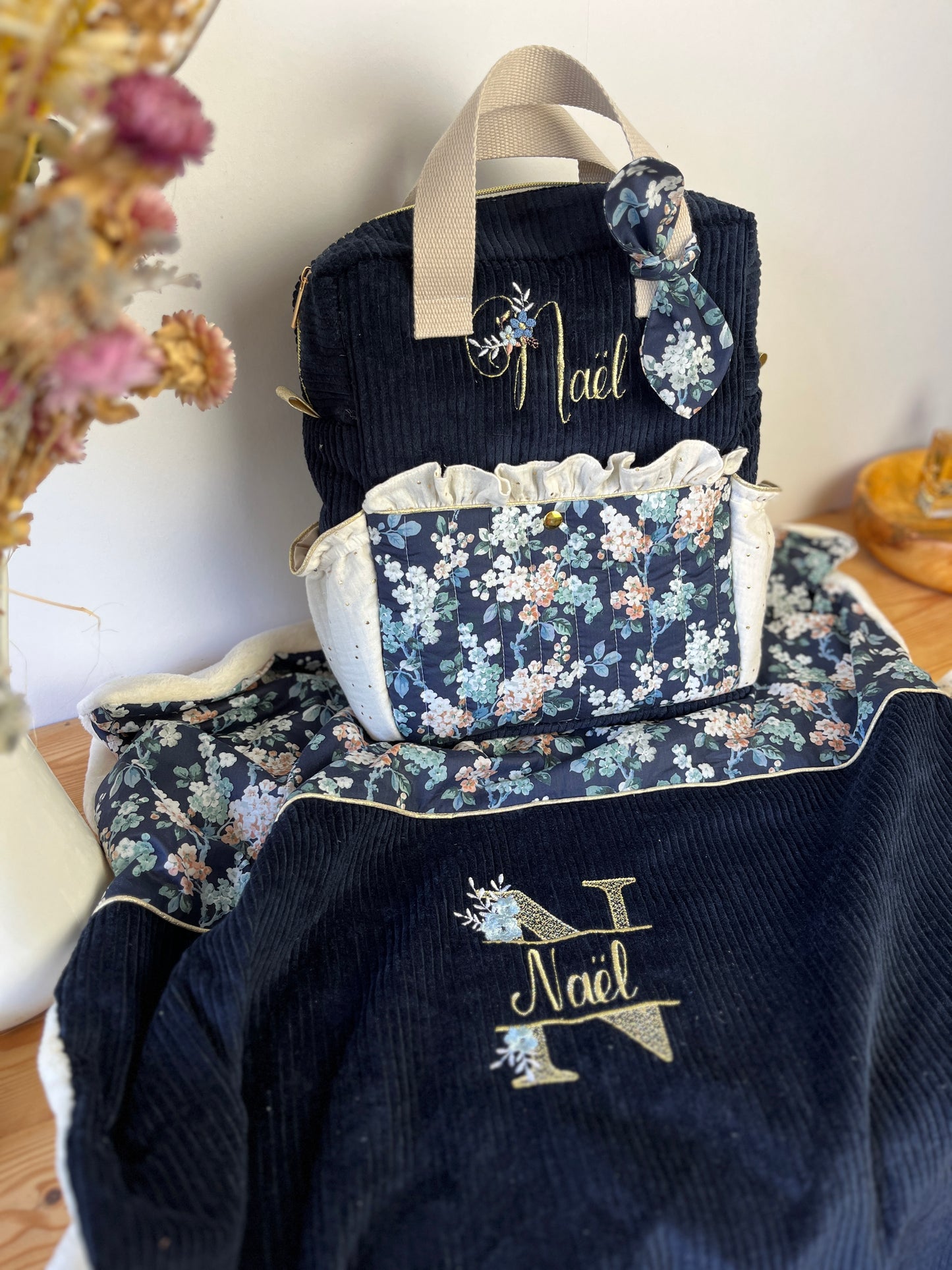 Ensemble : couverture et sac Ombeline initiale florale