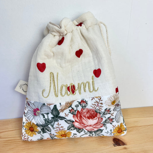 Pochon personnalisé coeur et roses vintage