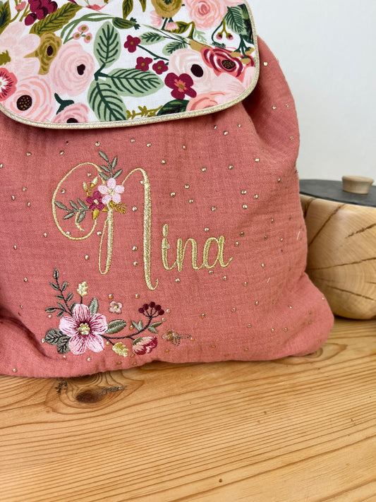 Le sac à dos enfant personnalisé Églantine marsala et garden party