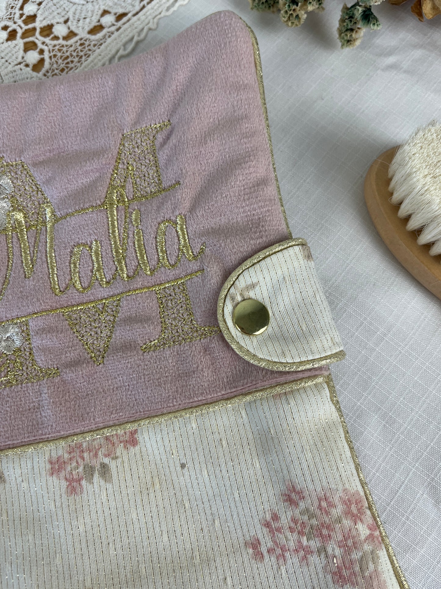 Mahé le protège carnet velours rose et jacquard roses