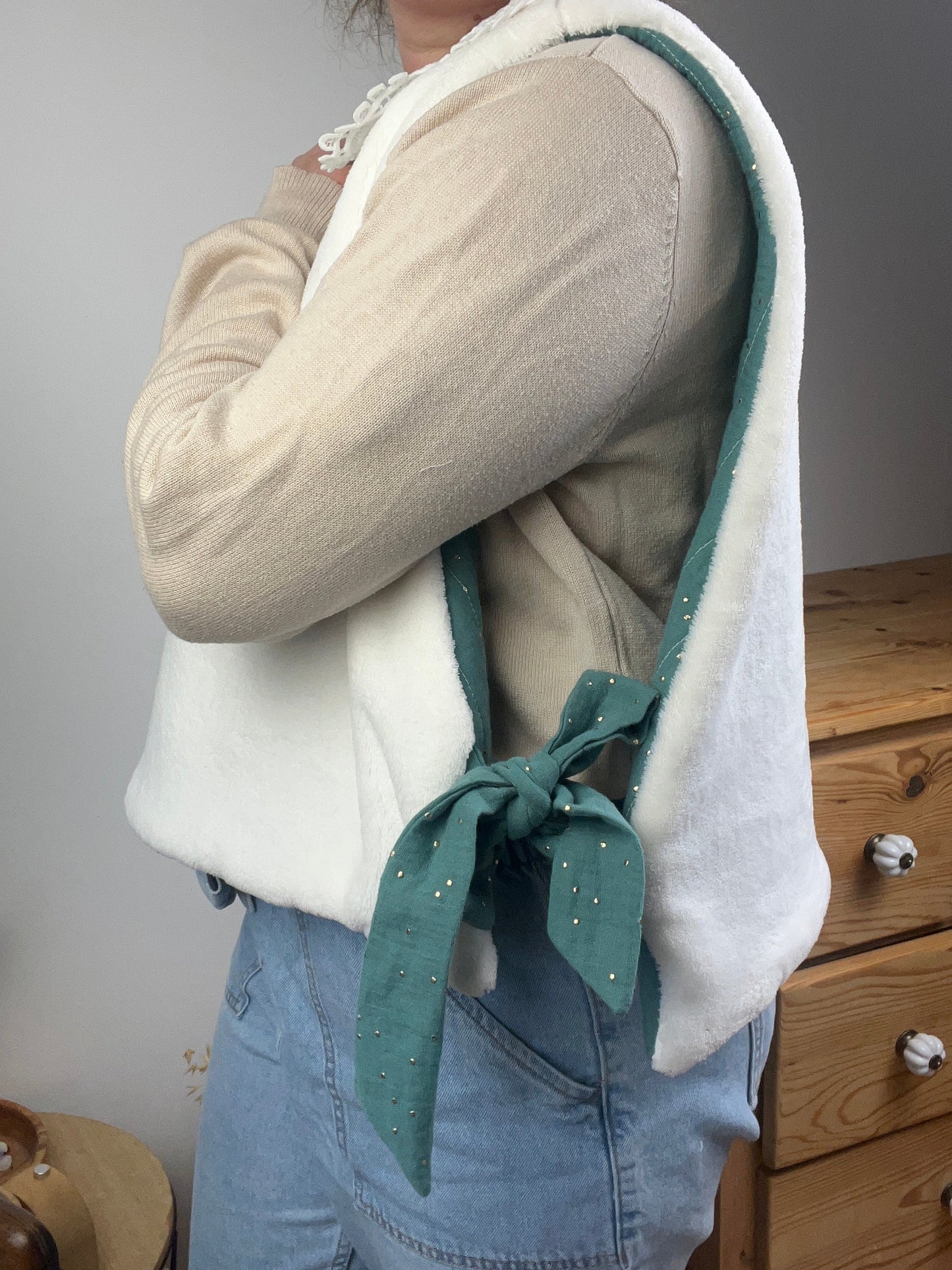 Le pull Joséphine gaze eucalyptus et polaire doudou