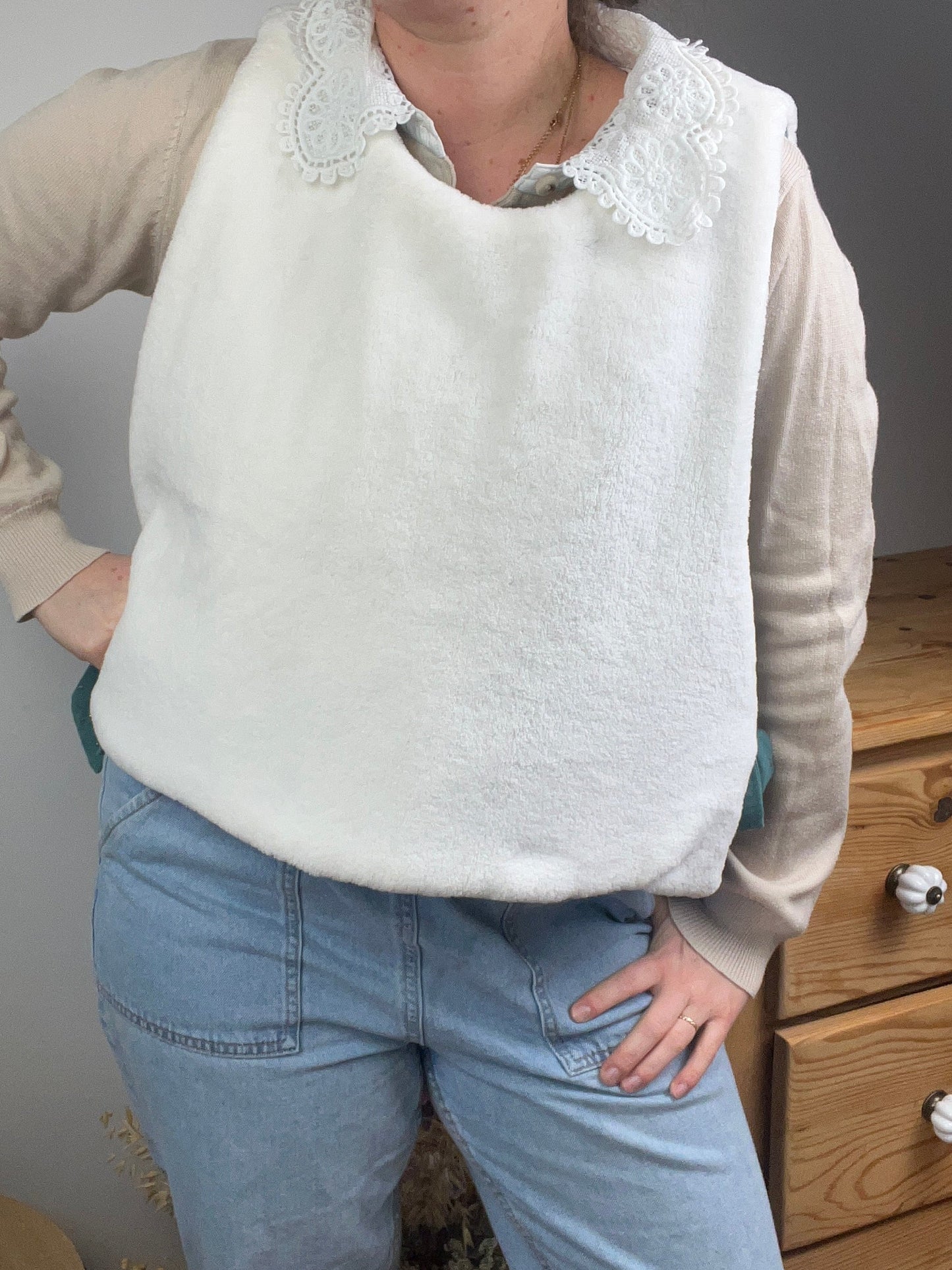 Le pull Joséphine gaze eucalyptus et polaire doudou