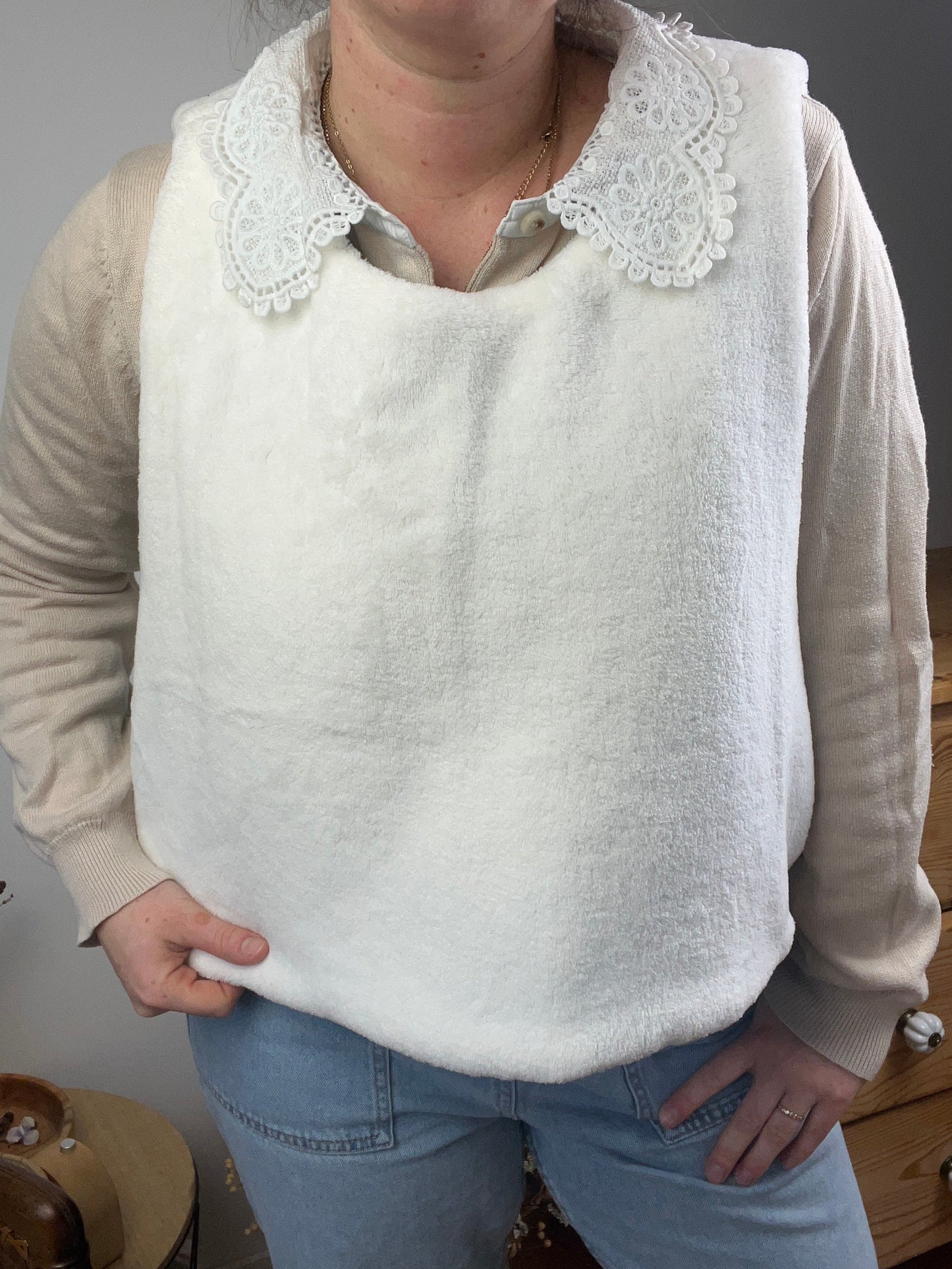 Le pull Joséphine gaze eucalyptus et polaire doudou