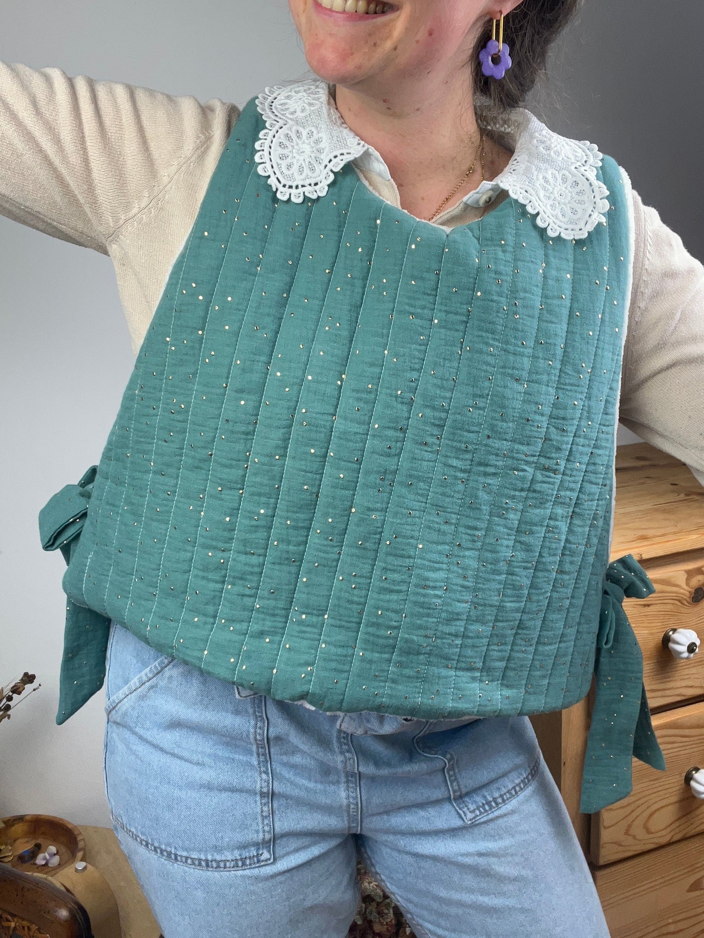 Le pull Joséphine gaze eucalyptus et polaire doudou