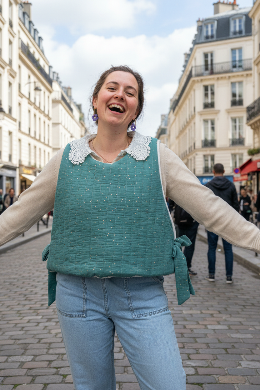 Le pull Joséphine gaze eucalyptus et polaire doudou