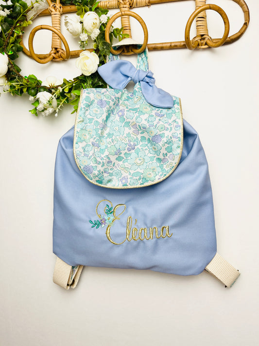 Le sac à dos enfant personnalisé Églantine Liberty exclusif et gabardine bleu ciel