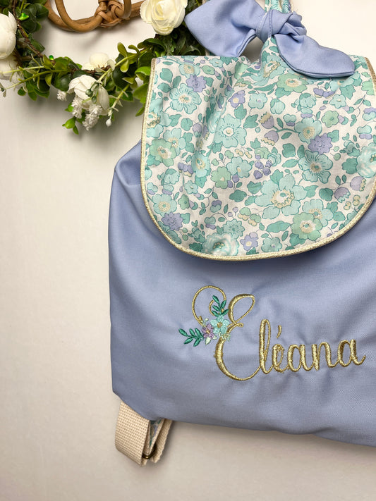 Le sac à dos enfant personnalisé Églantine Liberty exclusif et gabardine bleu ciel