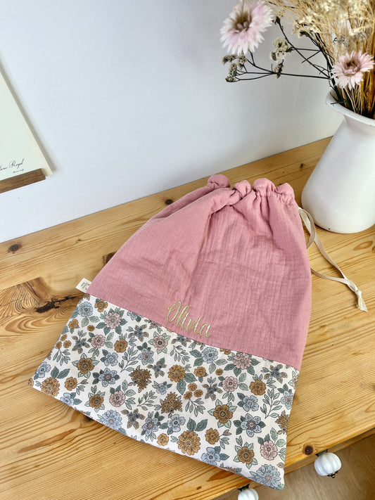 Pochon personnalisé marion et gaze rose thé