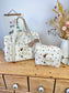 Ensemble: sac Louison et trousse Colette initiale dentelle gaze coeurs et caramel initiale dentelle