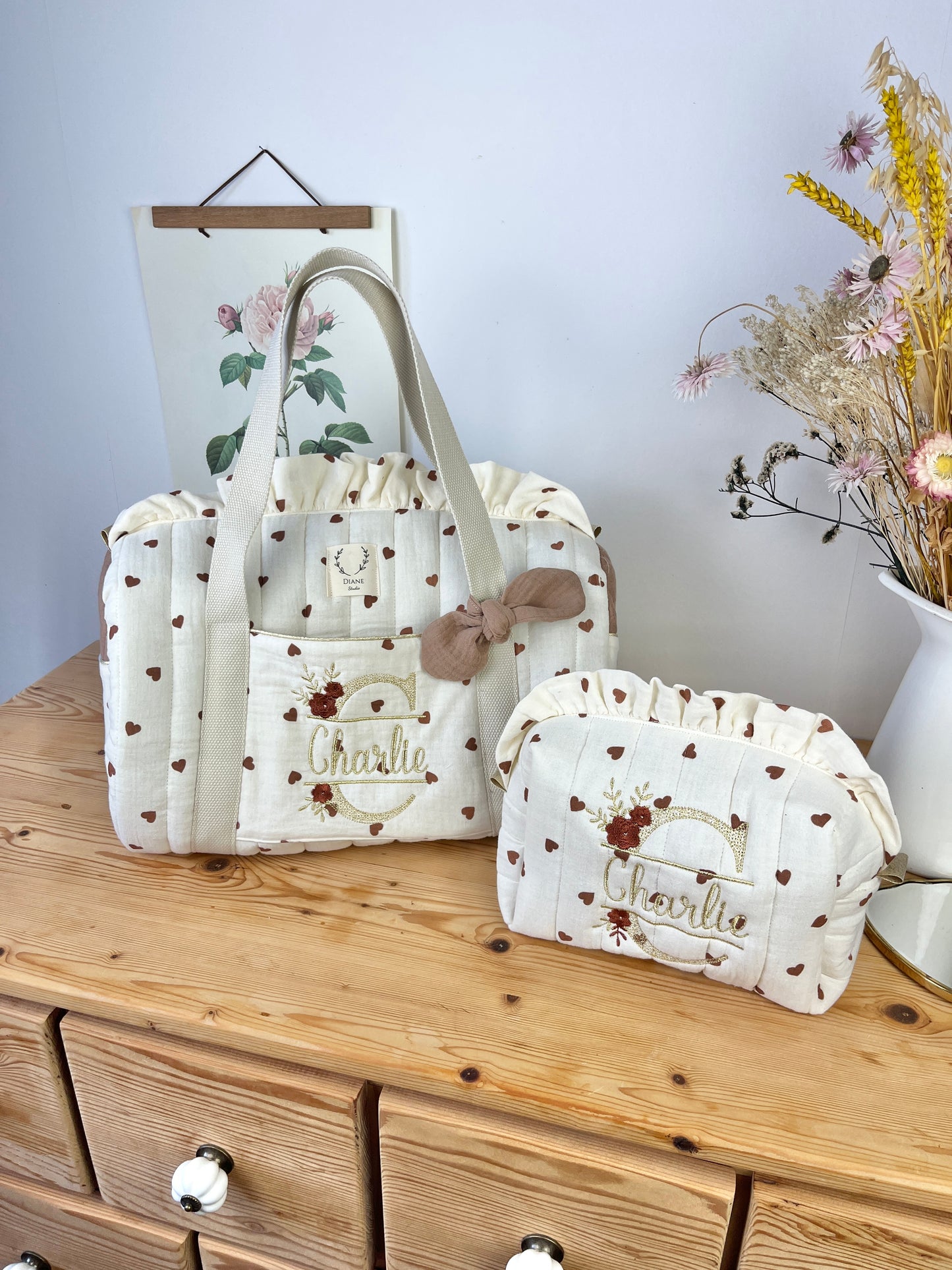Ensemble: sac Louison et trousse Colette initiale dentelle personnalisable