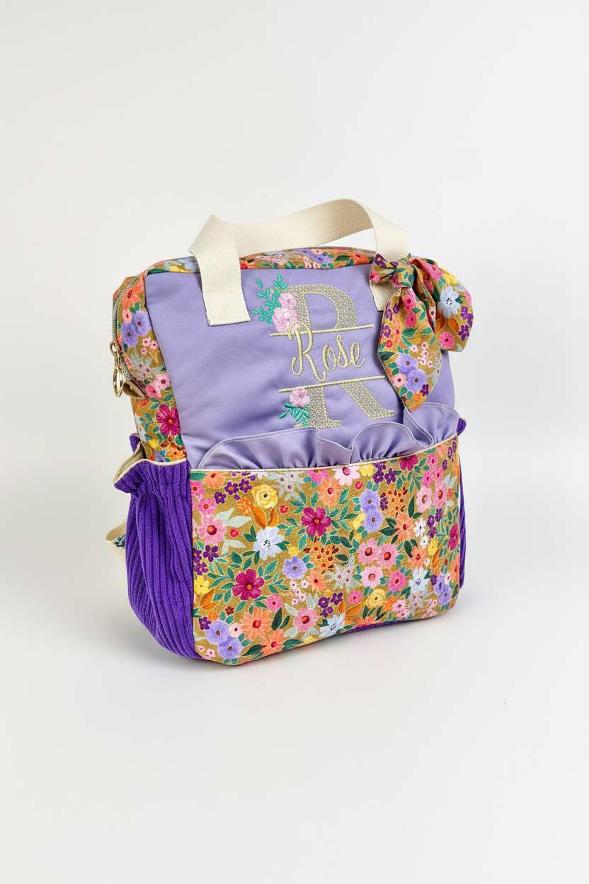 Le sac à dos enfant Ombeline gabardine lilas bloom mandarine velours violet