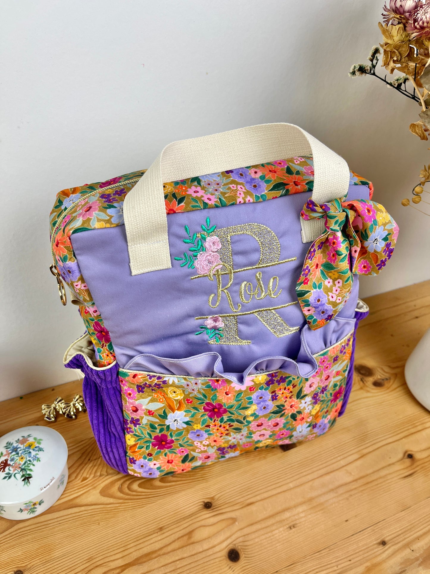 Le sac à dos enfant Ombeline gabardine lilas bloom mandarine velours violet