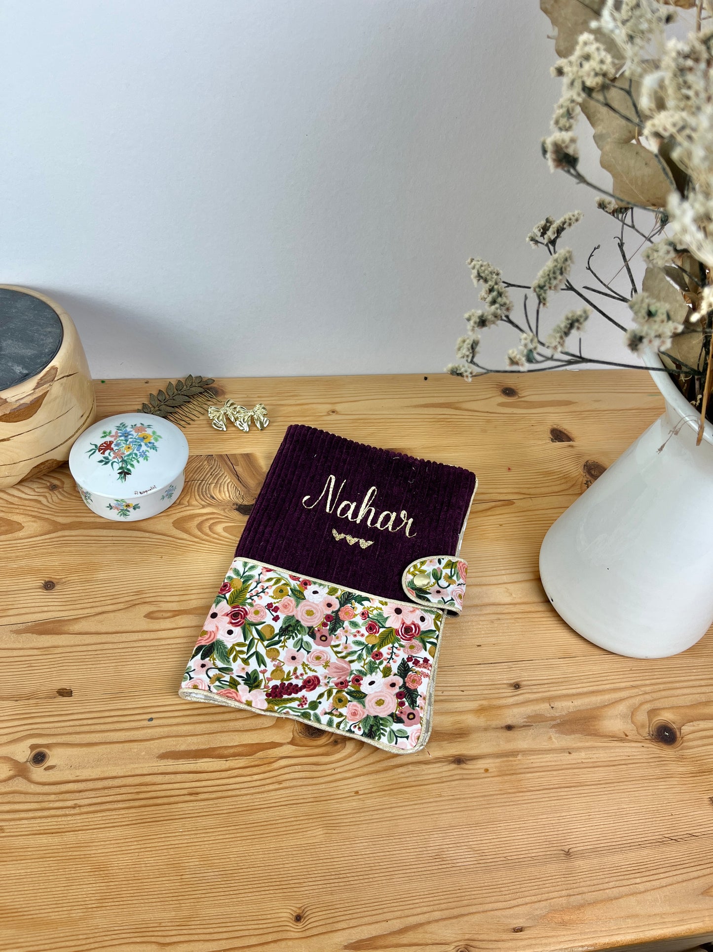 Mahé le protège carnet velours prune et garden party rose