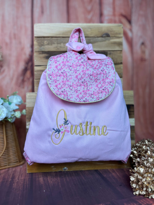 Le sac à dos enfant personnalisé Églantine gabardine rose et Liberty mitsi