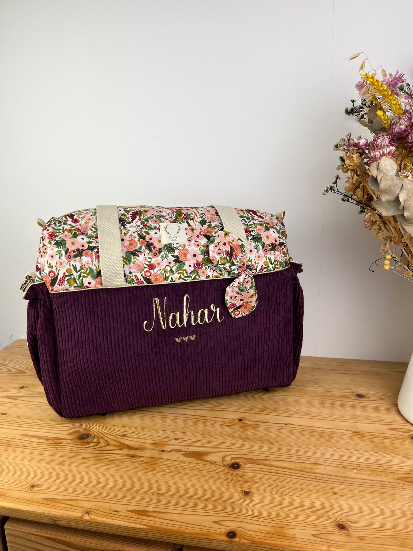 Aimé le sac à langer velours prune et garden party rose