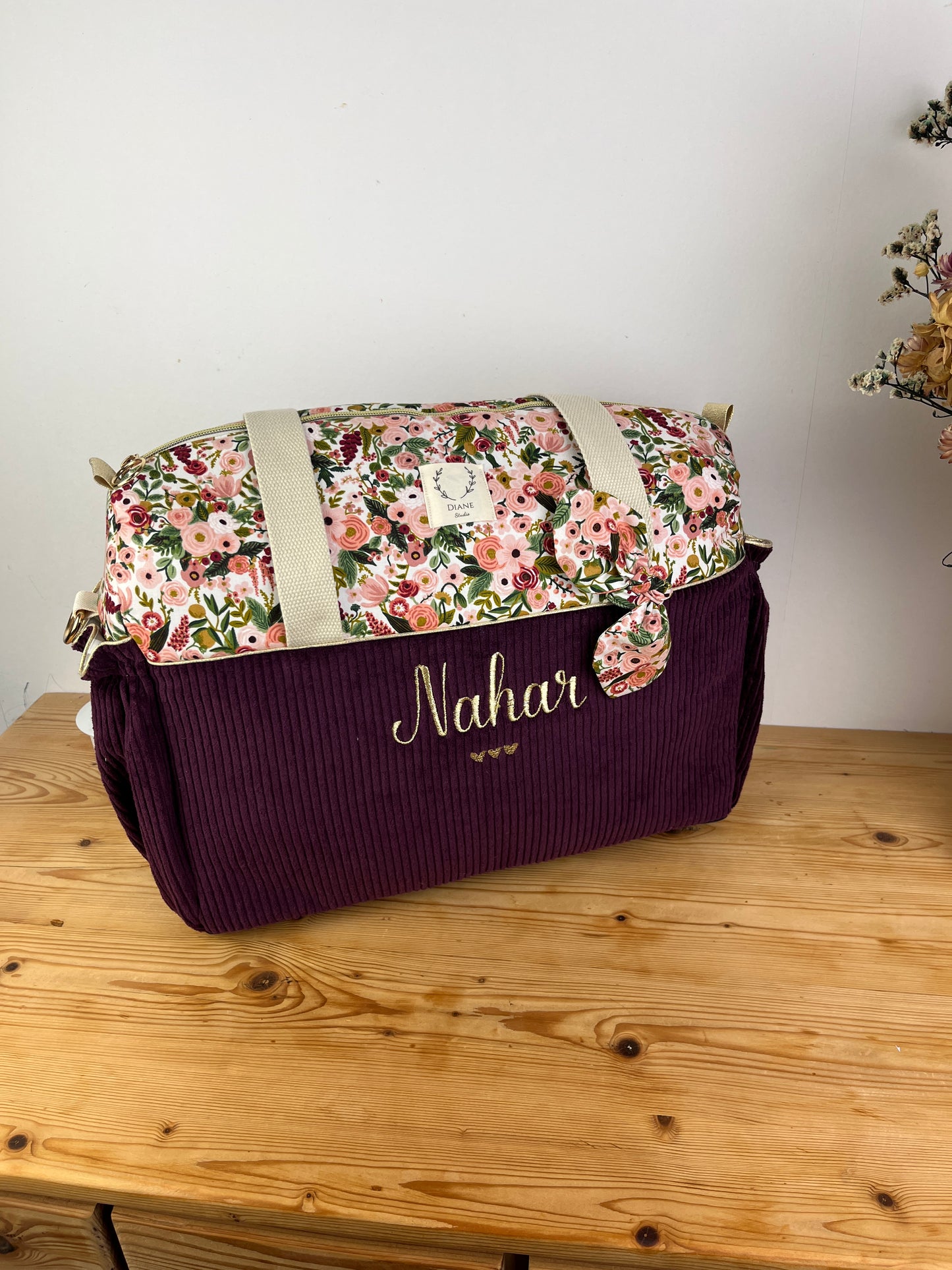 Aimé le sac à langer velours prune et garden party rose