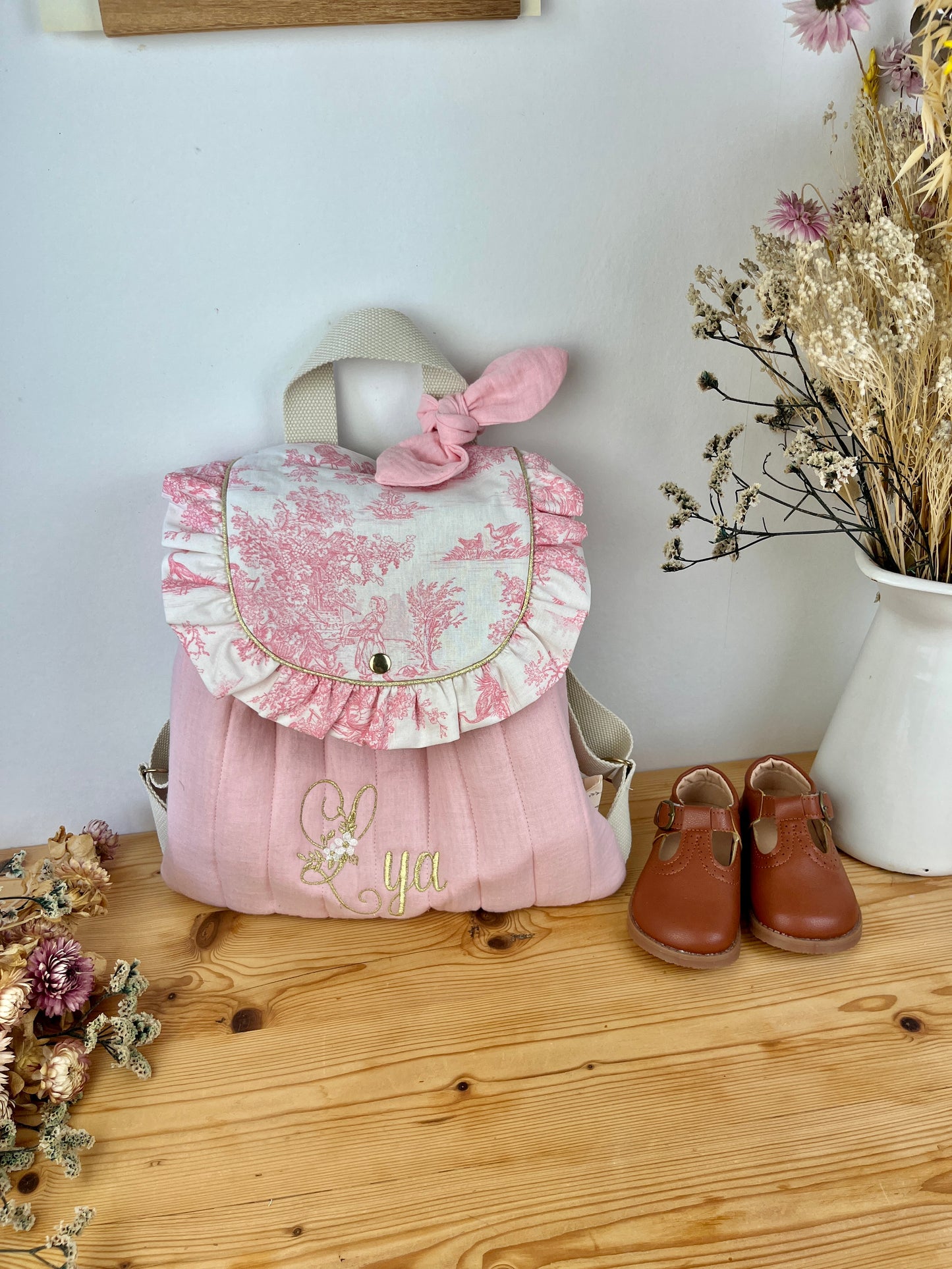 Le sac à dos Églantine gaze et jouy rose