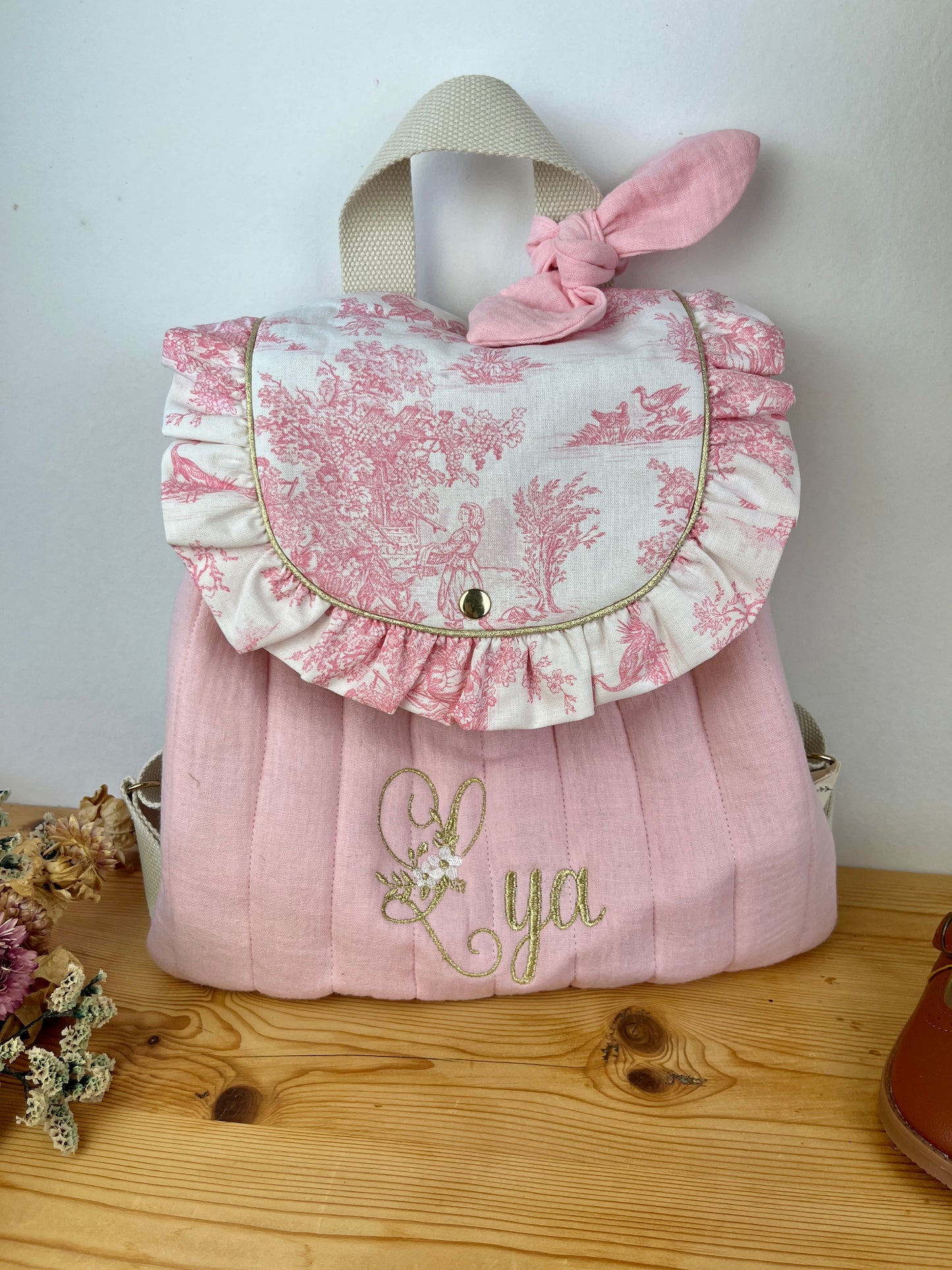 Le sac à dos Églantine gaze et jouy rose