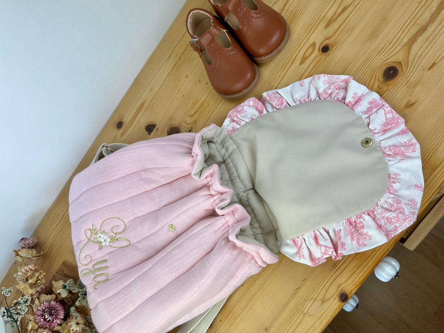 Le sac à dos Églantine gaze et jouy rose