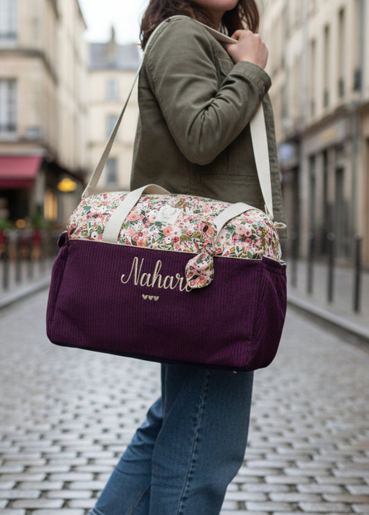 Aimé le sac à langer velours prune et garden party rose