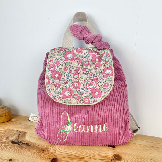Le sac à dos enfant personnalisé Églantine velours rose thé et betsy rose