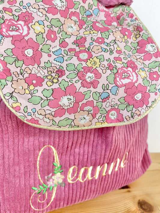 Le sac à dos enfant personnalisé Églantine velours rose thé et betsy rose