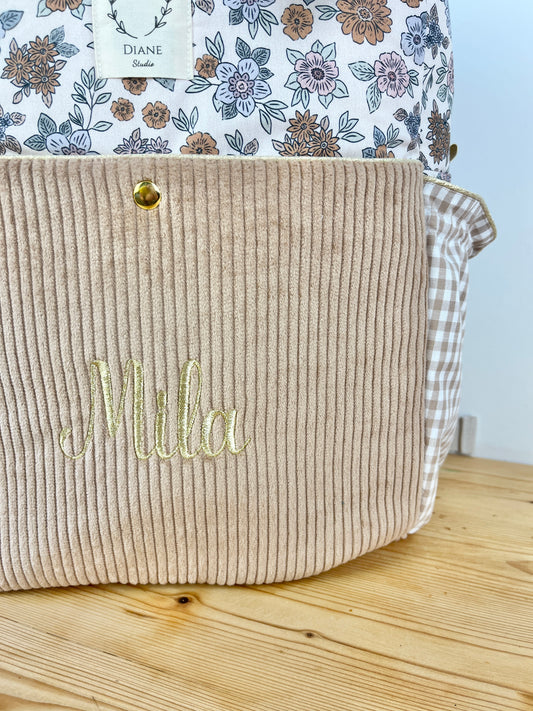 Le sac à dos Angélique velours et vichy camel, tissu marion