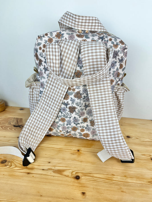 Le sac à dos Angélique velours et vichy camel, tissu marion