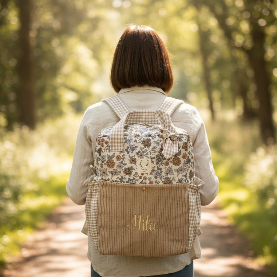 Le sac à dos Angélique velours et vichy camel, tissu marion