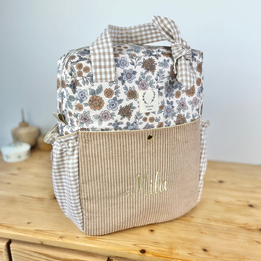 Le sac à dos Angélique velours et vichy camel, tissu marion
