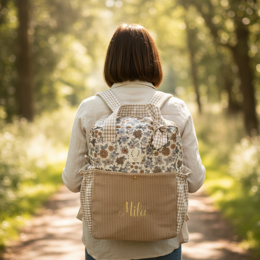 Le sac à dos Angélique velours et vichy camel, tissu marion