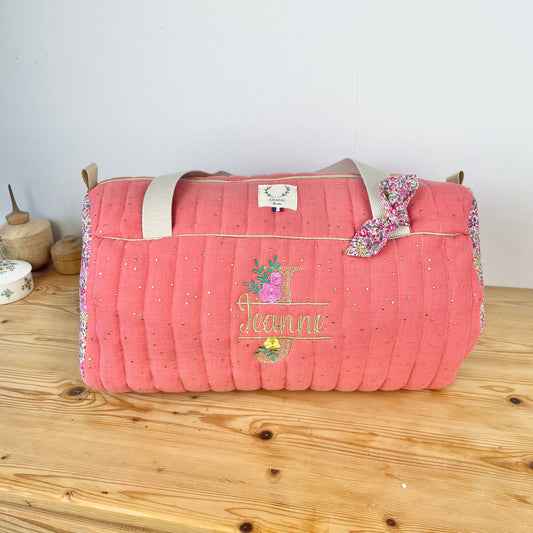 Louison le sac polochon enfant matelassé Liberty emma hibiscus et double gaze corail doré